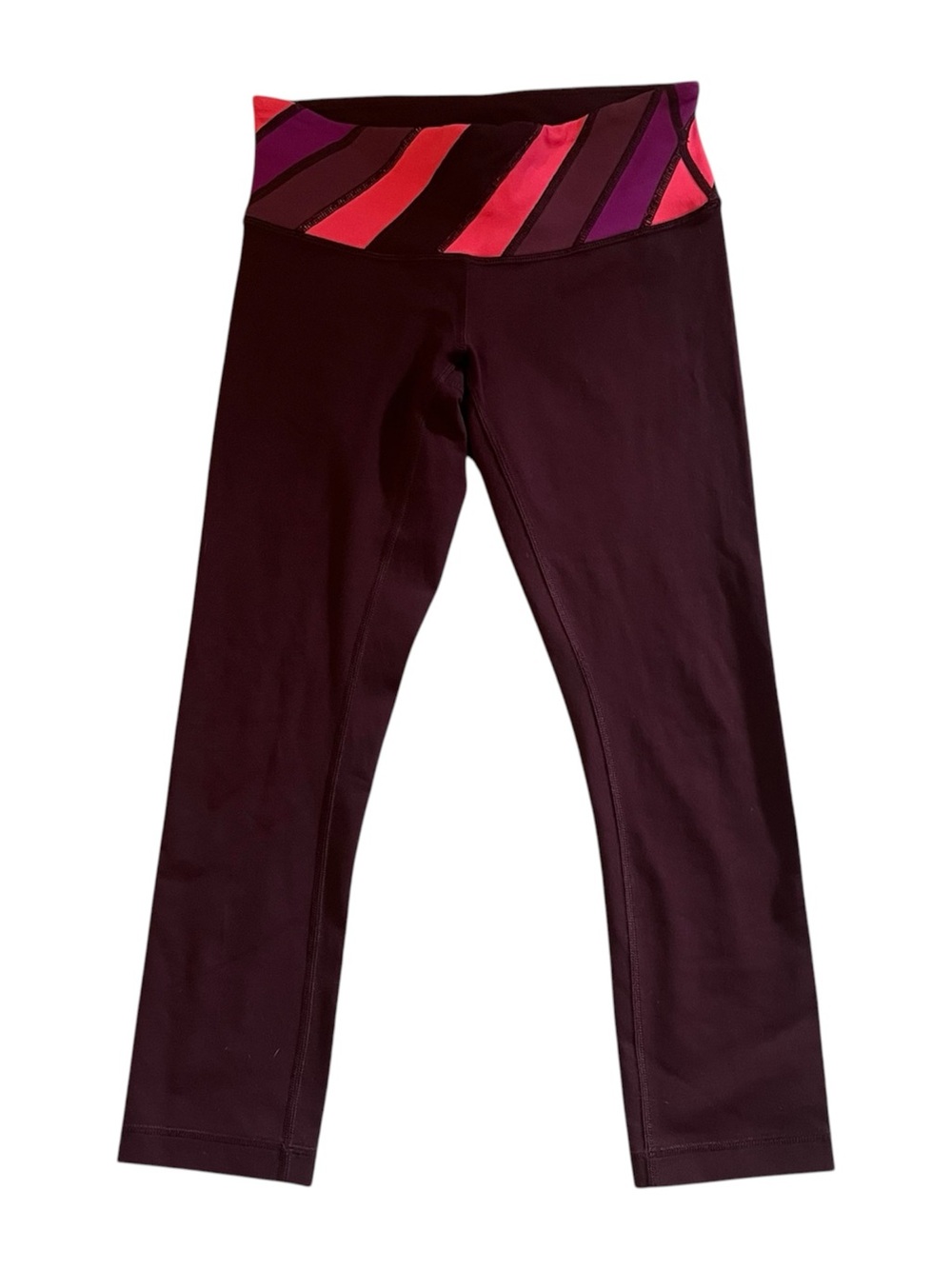 Lululemon Wunder Under Crop Burgundy Striped Waistband Leggings- Size 4